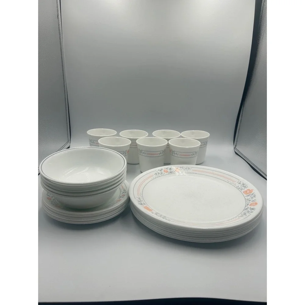 Corelle Apricot Grove Dinnerware Set 21pc Peach Floral Plates Bowls Mugs Vintage